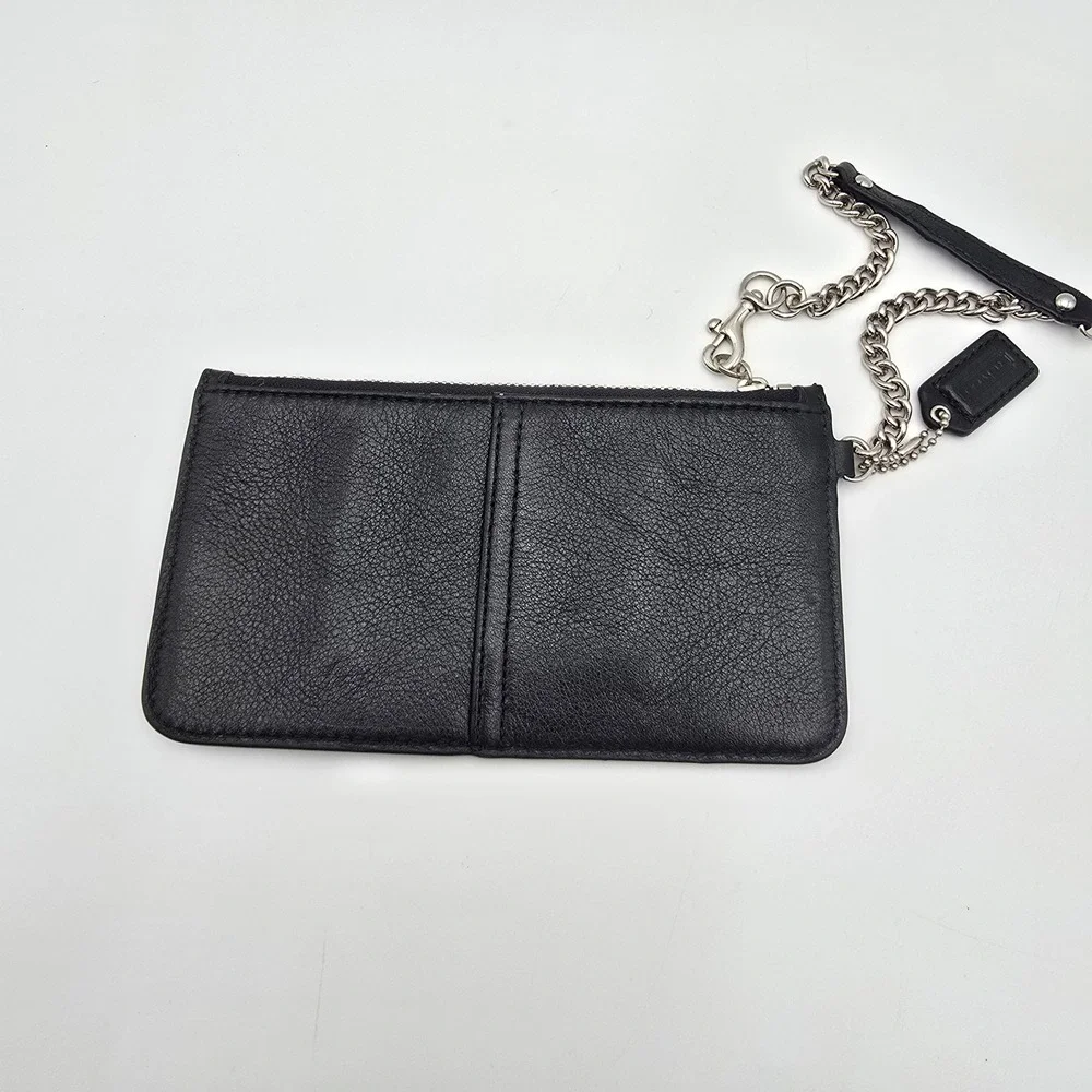 Coach Black Leather Wristlet Pouch Wallet with Chain Strap‎